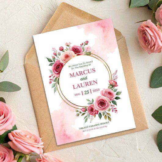 Circular Rose Frame Watercolor Wedding Invitation 招待状