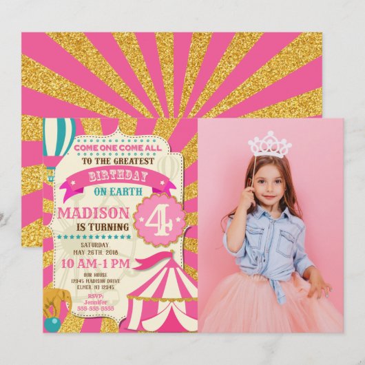 Circus Birthday Invitation Carnival Pink Gold  招待状 (正面/裏面)