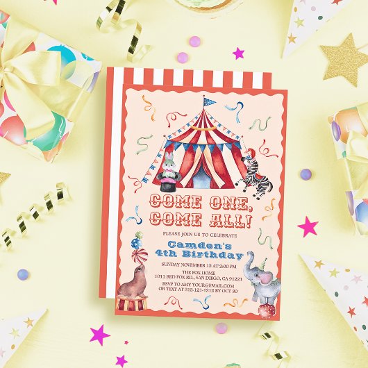 Circus Carnival Tent Animals Kid's Birthday 招待状