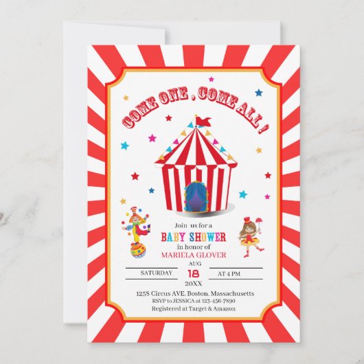 Circus Carnival Watercolor Baby Shower 招待状 (正面)