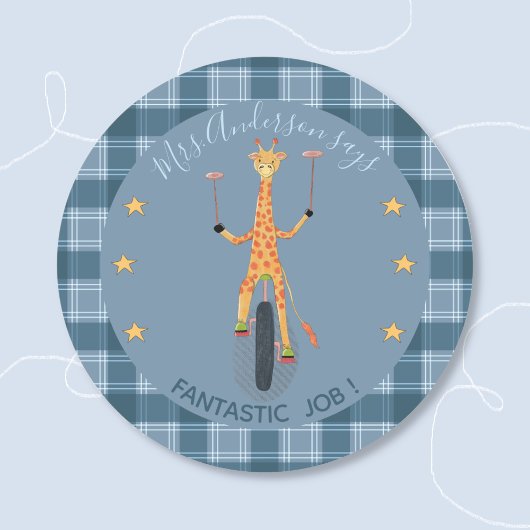 Circus Giraffe Student Reward Blue Sticker ラウンドシール