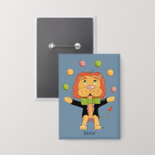 Circus Juggling Lion Kid Blue Button with Name 缶バッジ (正面/裏面)