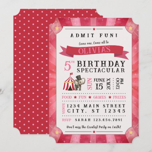 Circus Spectacular Birthday Invitation (Pink/Red) 招待状 (正面/裏面)