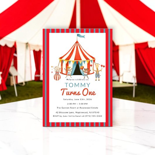 Circus Tent Red Blue Birthday Invite 招待状