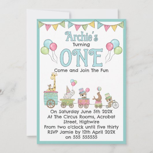 Circus Themed 1st Birthday Invitation 招待状 (正面)
