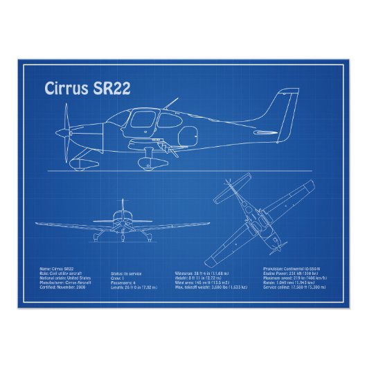 Cirrus SR22 – 飛行機の設計図スケッチ計画AD フォトプリント (正面)