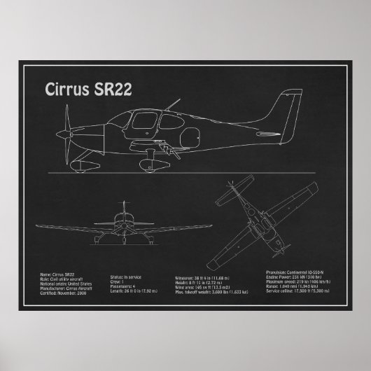 Cirrus SR22 – 飛行機の設計図スケッチ計画PD ポスター (正面)