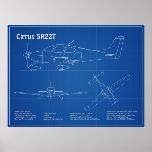Cirrus SR22T – 飛行機の設計図スケッチ計画AD ポスター (正面)