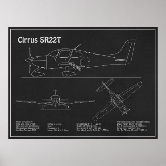 Cirrus SR22T – 飛行機の設計図スケッチ計画PD ポスター (正面)