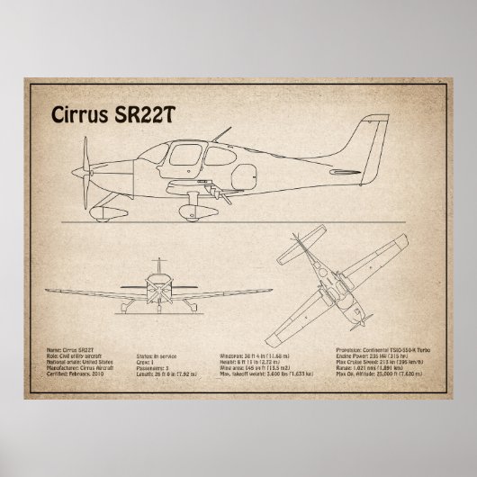 Cirrus SR22T – 飛行機の設計図スケッチ計画SD ポスター (正面)