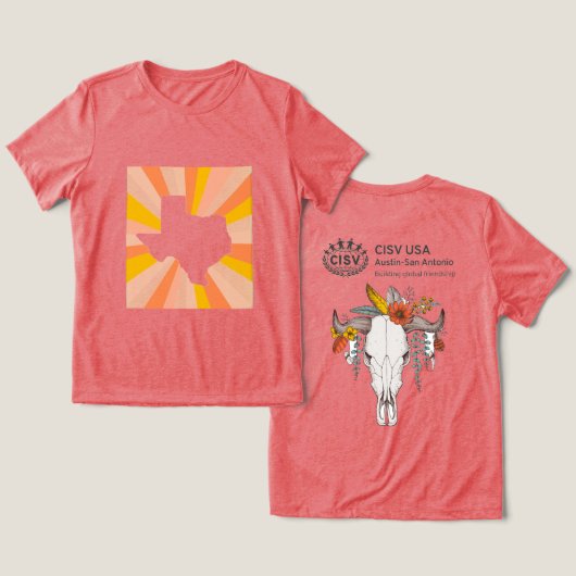 CISVオースティン装飾牛スカル女性 トライブレンドTシャツ (デザイン正面&裏面)