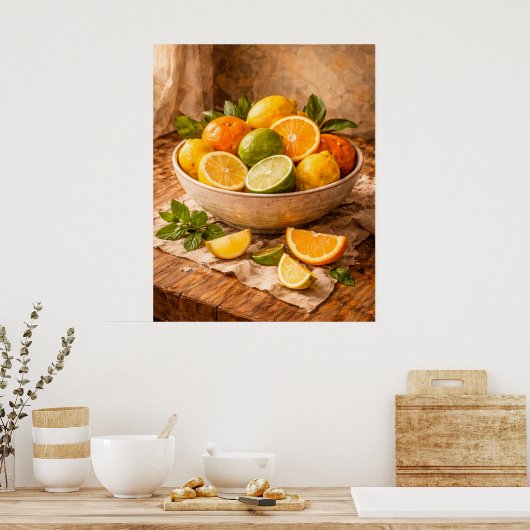 Citrus Bowl Still Life a Warm Rustic Kitchen ポスター (キッチン)