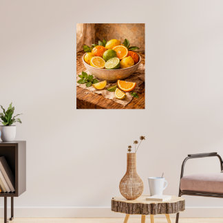 Citrus Bowl Still Life a Warm Rustic Kitchen ポスター