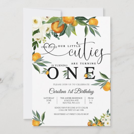 Citrus Floral First Birthday Invitation 招待状 (正面)