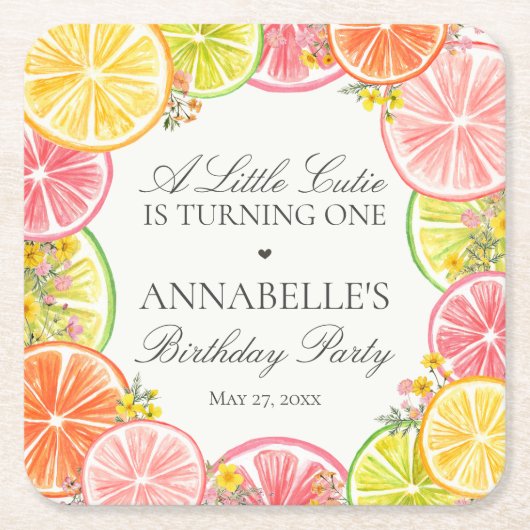 Citrus Floral Little Cutie Birthday Party Table スクエアペーパーコースター (正面)