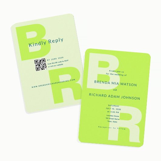 Citrus Green Bold Initial QR Wedding 招待状