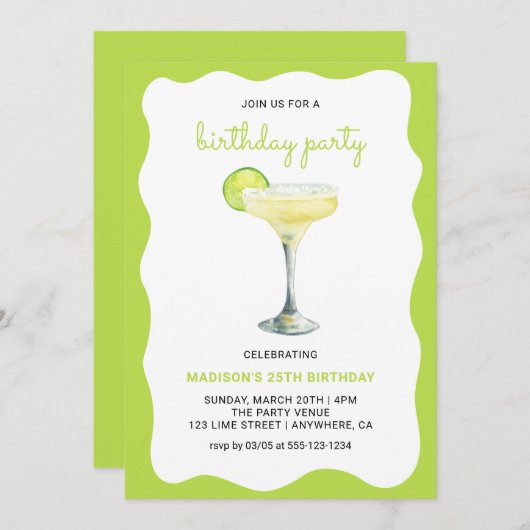 Citrus Green Chic Wavy Summer Cocktail Birthday 招待状 (正面/裏面)