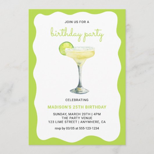 Citrus Green Chic Wavy Summer Cocktail Birthday 招待状 (正面)