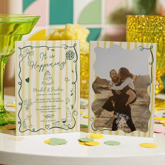 Citrus Green hand drawn Stripes photo wedding 招待状