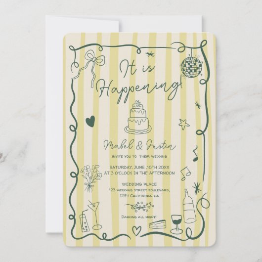 Citrus Green hand drawn Stripes photo wedding 招待状 (正面)