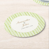 Citrus Green Striped Couple Name Retro Wedding ラウンドペーパーコースター (アングル)