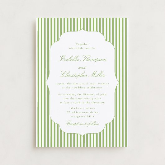 Citrus-Green Striped Elegant Wedding Invitation 招待状