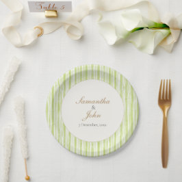 Citrus Green Striped Retro Wedding Paper Plates ペーパープレート