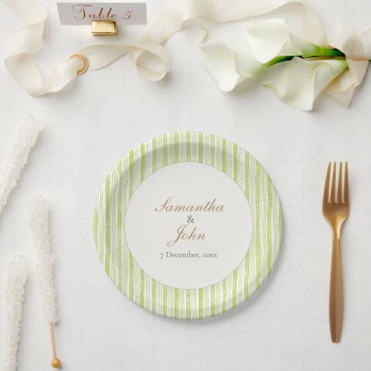 Citrus Green Striped Retro Wedding Paper Plates ペーパープレート (ウェディング)
