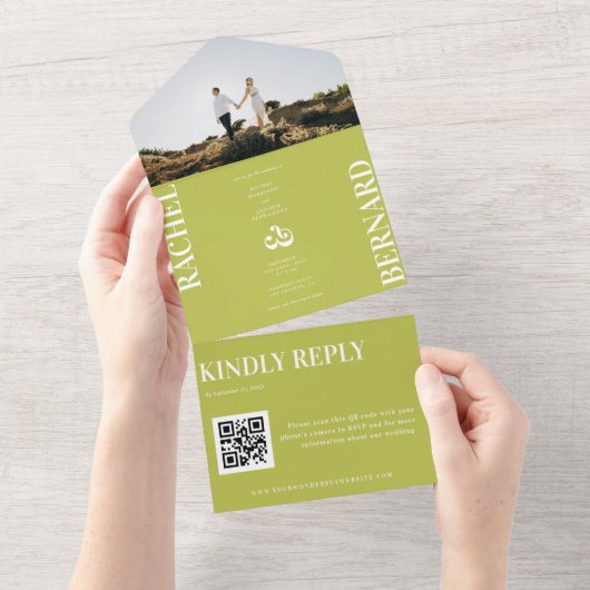 Citrus Green & White Typography QR Code Wedding   オールインワン招待状 (貼ってはがせる)