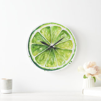 Citrus Lemon Green Fruit Slice Round Clock ラージ壁時計