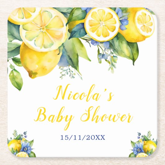 Citrus Lemon Mediterranean Baby Showe スクエアペーパーコースター (正面)