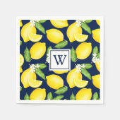 Citrus Lemon Navy Blue Monogram Napkins スタンダードカクテルナプキン (正面)