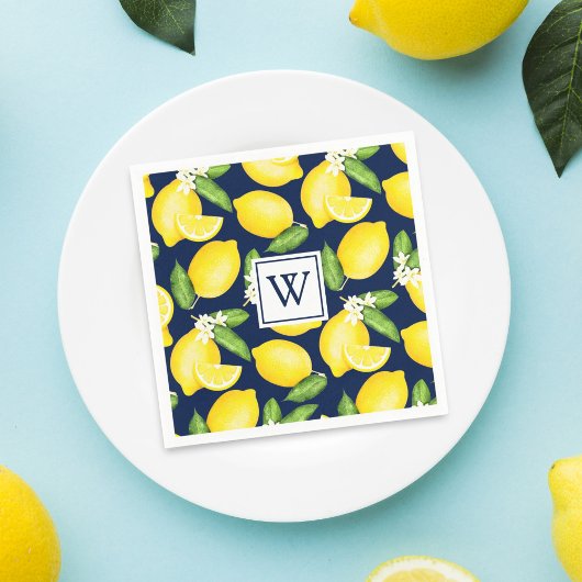 Citrus Lemon Navy Blue Monogram Napkins スタンダードカクテルナプキン