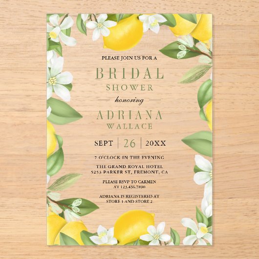 Citrus Lemon Orchard Bridal Shower アクリル招待状 (正面)