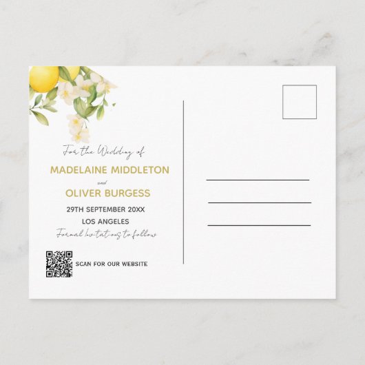 Citrus Lemons結婚フォトオーバーレイ日付を保存 案内ポストカード (裏面)
