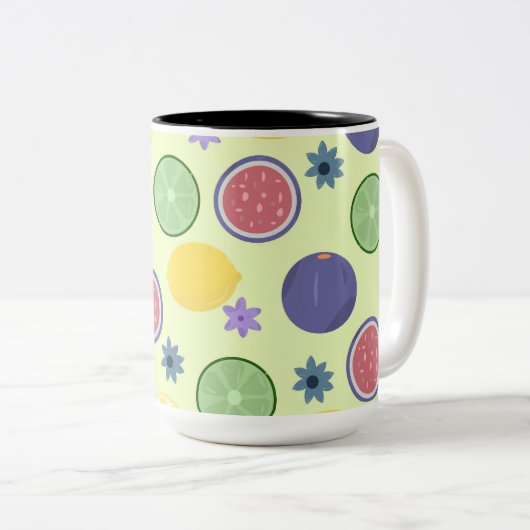 Citrus Pattern Mug – Lemon, Fig & Lime ツートーンマグカップ (正面右)