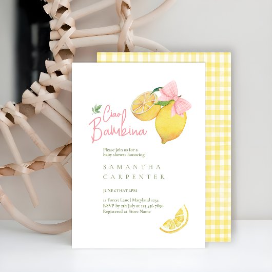Citrus pink bow lemon baby shower 招待状