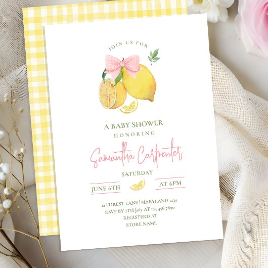 Citrus pink bow lemon baby shower invitation 招待状
