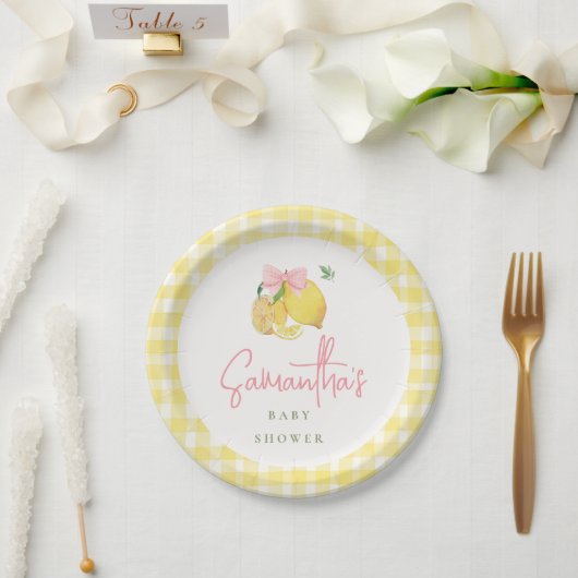 Citrus Pink bow yellow gingham Paper Plate ペーパープレート (ウェディング)