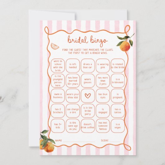 Citrus Spritz Pink Stripes Bridal Bingo Card 招待状 (正面)