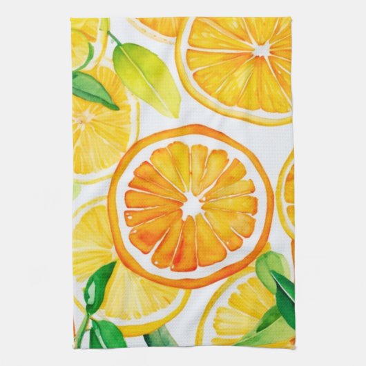 Citrus Watercolor Oranges & Lemons  キッチンタオル (縦)