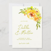 Citrus Yellow and Green Watercolor Floral Wedding セーブザデート (正面)