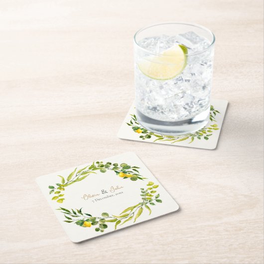 Citrus Yellow and Green Watercolor Lemon Wedding スクエアペーパーコースター (インサイチュ)