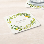 Citrus Yellow and Green Watercolor Lemon Wedding スクエアペーパーコースター (アングル)
