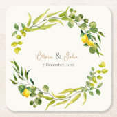 Citrus Yellow and Green Watercolor Lemon Wedding スクエアペーパーコースター (正面)