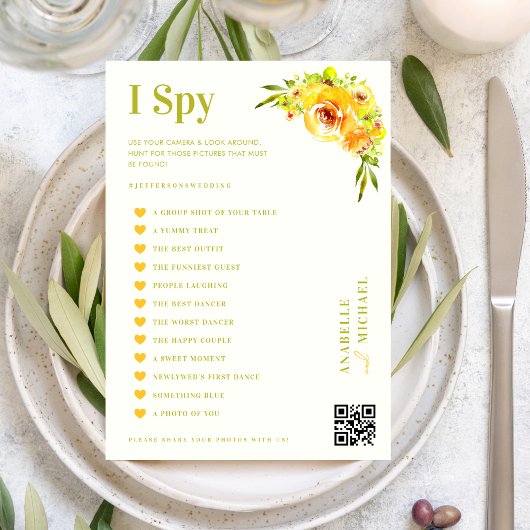 Citrus Yellow Floral Wedding I Spy Hunt Game Card 招待状