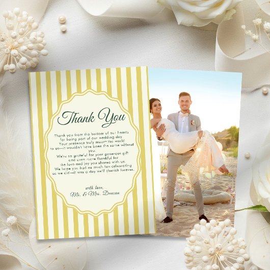Citrus Yellow Green Elegant Modern Stripe Wedding サンキューカード