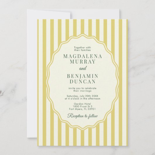 Citrus Yellow Green Elegant Modern Stripe Wedding 招待状 (正面)