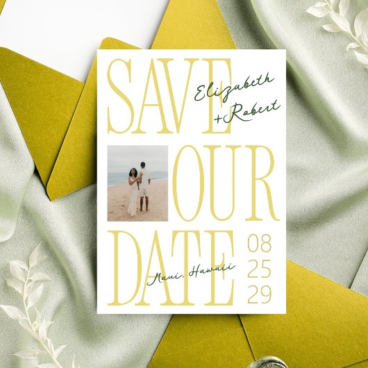 Citrus Yellow & Green Typography Stylish Wedding セーブザデート