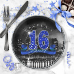 City Lights Sweet Sixteen Blue ID118 ペーパープレート<br><div class="desc">This classy design features a giant,  blue faux-glitter '16' and ribbon over a black and white photograph of a bright city skyline reflected on water. Add a personalized name using the provided template. Search ID118 to see other products with this design.</div>